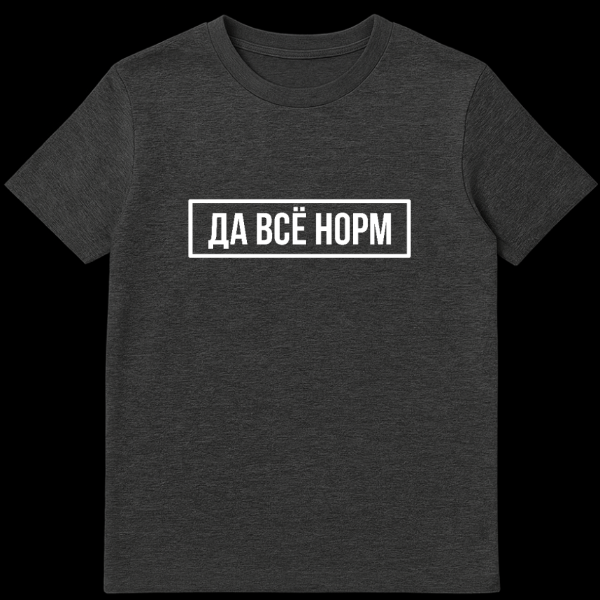 Gray t-shirt with white Cyrillic text 'ДА ВСЁ НОРМ' (Da Vsyo Norm) meaning 'Yeah, everything's fine' inside a thin white rectangular border. on dark heather t-shirt