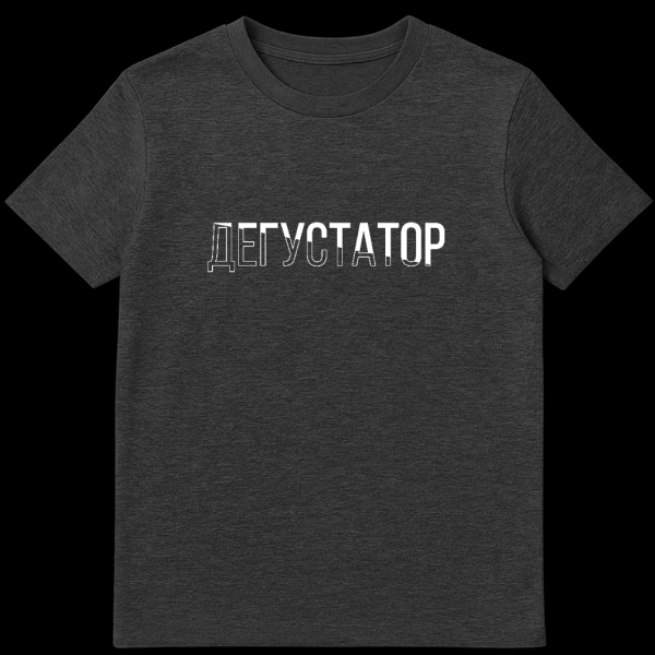 A minimalist gray t-shirt featuring the Russian word 'ДЕГУСТАТОР' in white, partially filled sans-serif letters, resembling vessels with liquid levels. on dark heather t-shirt