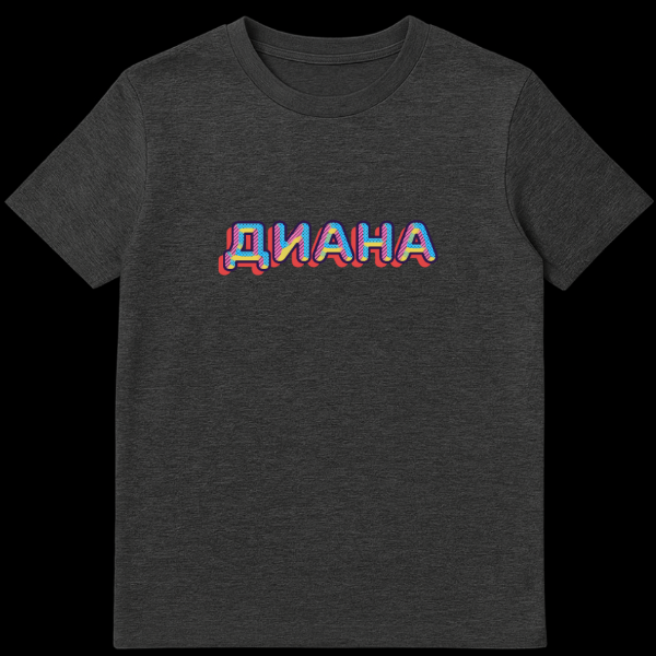 T-shirt featuring the Russian name DIANA in a bold, retro 80s style. Letters have colorful, textured fills in blue, yellow, pink, outlined in dark blue, with a red drop shadow. on dark heather t-shirt