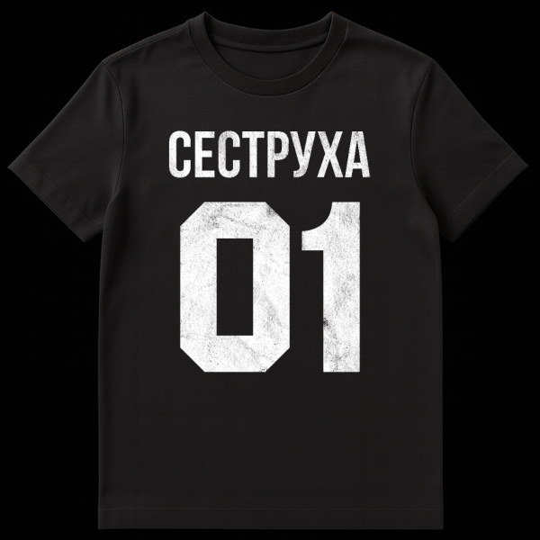 Grey t-shirt with distressed white text 'SESTRUKHA' and large numbers '01' in an athletic vintage style. on black t-shirt