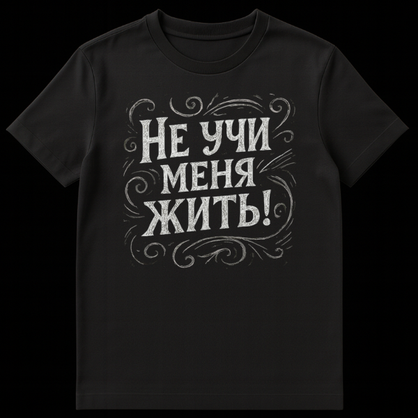 Grey t-shirt with bold, distressed white Russian text "NE UCHI MENYA ZHIT!" (Don't teach me how to live!) surrounded by dark grey vintage hand-drawn swirls and flourishes. on black t-shirt