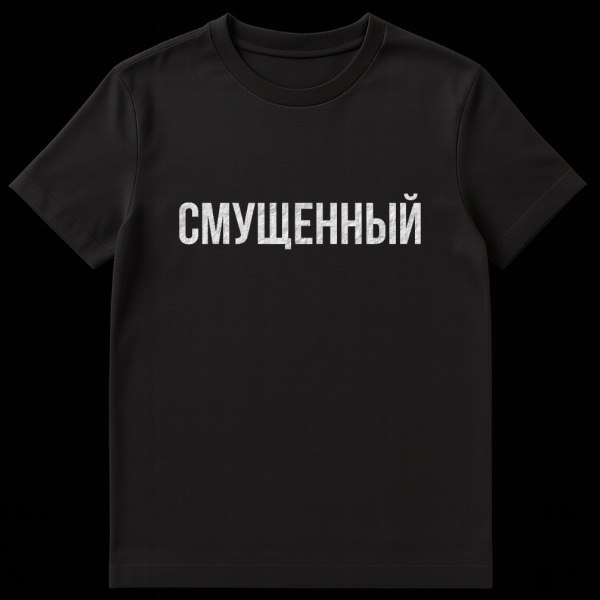 Gray t-shirt with the Russian word 'SMUSHCHENNYY' (EMBARRASSED/CONFUSED) in distressed white font on a solid gray background. on black t-shirt