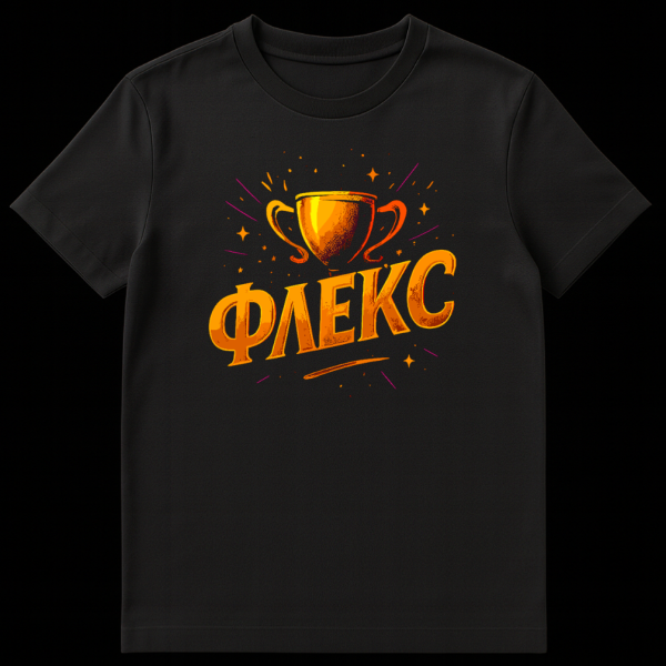 T-shirt mockup featuring a stylized shiny golden trophy with radiating lines and stars above bold, metallic-looking Cyrillic text 'ФЛЕКС' (FLEX) on a dark background. on black t-shirt