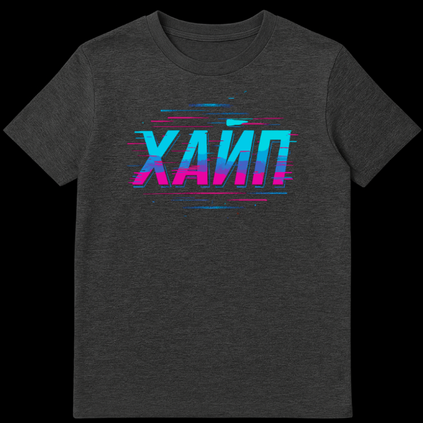 Mockup of a t-shirt featuring the Cyrillic word 'ХАЙП' in a bold, gradient font from cyan to magenta, with glitch art pixelated streaks around it. on dark heather t-shirt