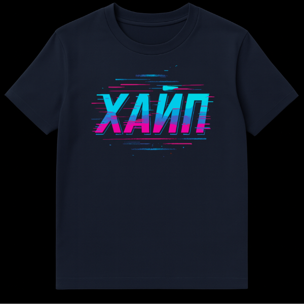 Mockup of a t-shirt featuring the Cyrillic word 'ХАЙП' in a bold, gradient font from cyan to magenta, with glitch art pixelated streaks around it. on navy blue t-shirt