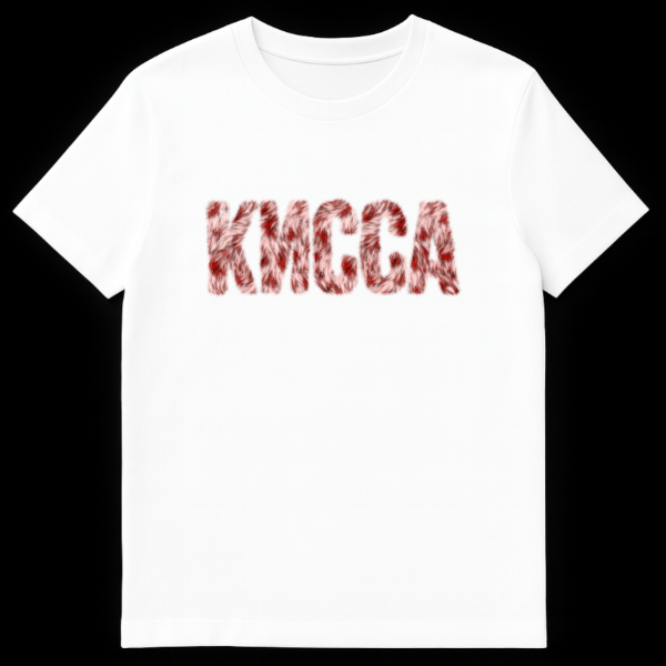 White t-shirt mockup displaying the word KMCCA in bold, uppercase, furry white letters with red blood-like streaks, against a dark background. on white t-shirt