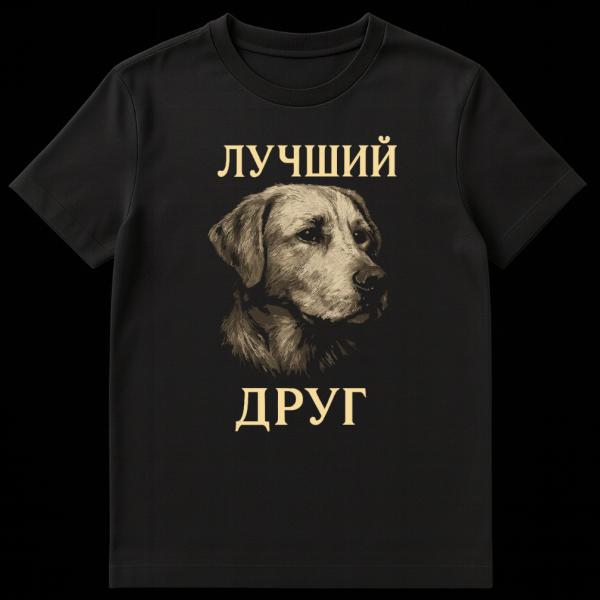 T-shirt featuring a sepia-toned, distressed sketch of a Labrador's head with the Russian words 'LUCHSHIY DRUG' (Best Friend) above and below it. on black t-shirt