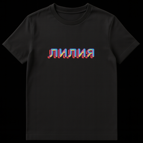 White t-shirt with a vibrant, retro pop-art graphic of the Russian word LILIYA (Lily) in blue, pink, yellow, and red colors. on black t-shirt