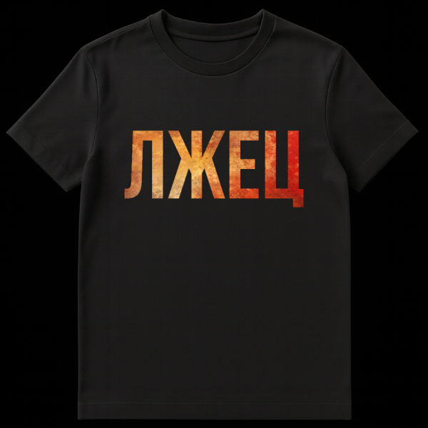 Front view of a person wearing a black t-shirt with the Russian word "ЛЖЕЦ" (LZHETS, meaning "LIAR") in distressed, gradient orange-red Cyrillic letters. on black t-shirt