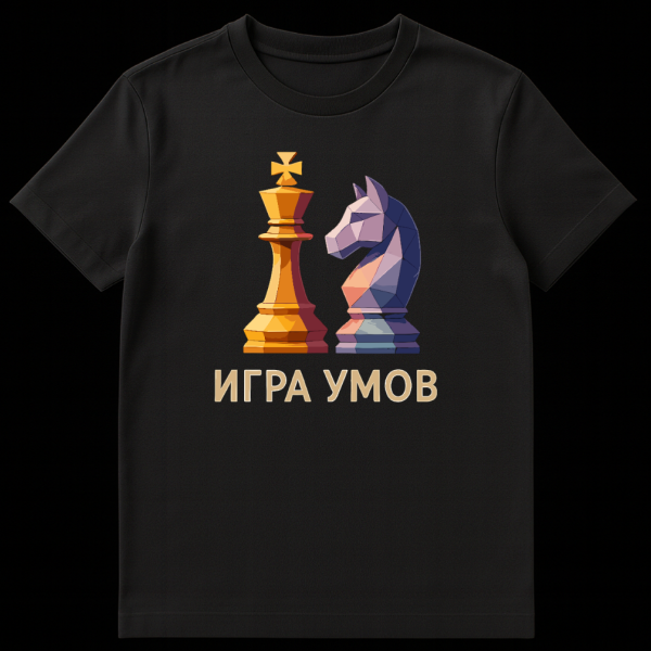 A t-shirt featuring a golden chess king and a multi-colored low-poly chess knight facing each other, with the Russian text 'IGRA UMOV' (Game of Minds) below them. on black t-shirt