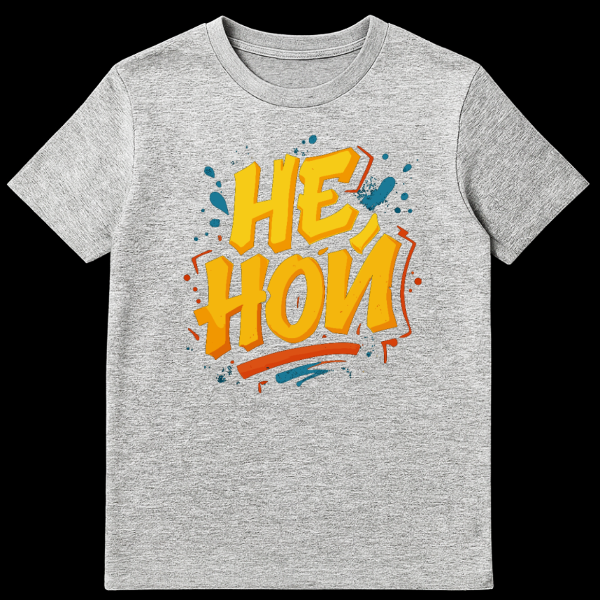 Close-up of a white t-shirt featuring bold yellow graffiti-style text 'NE NOY' with orange 3D shading, surrounded by blue and orange paint splatters and drips. on sports grey t-shirt