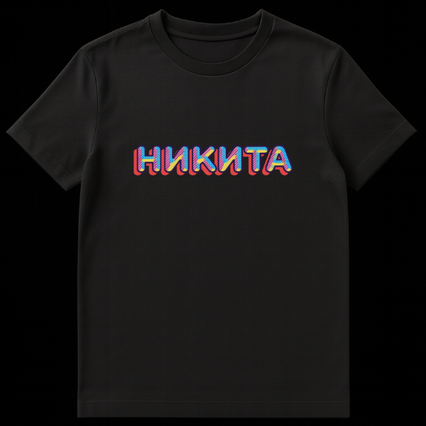 White t-shirt featuring the Russian name "NIKITA" in a bold, retro 3D-effect font with dark blue outline, red drop shadow, and a fill of blue polka dots, pink stripes, and yellow shapes. on black t-shirt