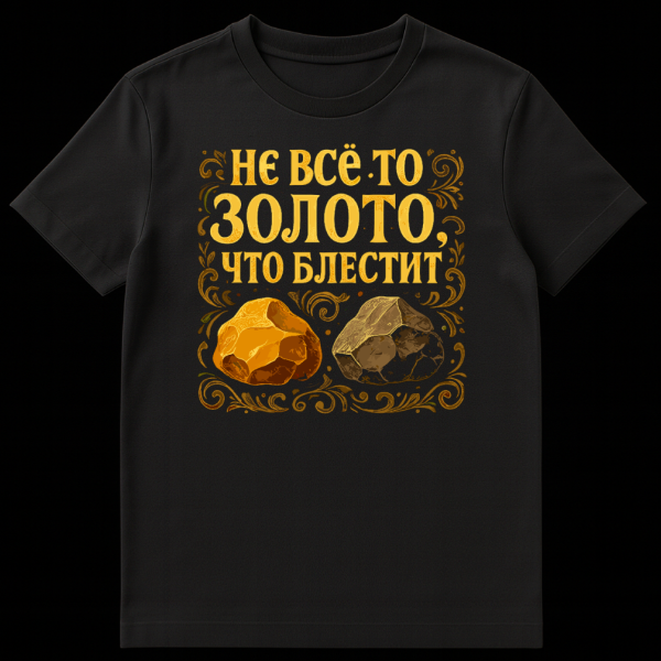 Front view of a black t-shirt featuring an ornate gold and dark gold design with Russian proverb 'Not all that glitters is gold' in Cyrillic, flanked by a gold nugget and fool's gold, framed by baroque foliage. on black t-shirt