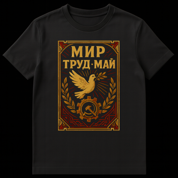 Black t-shirt featuring a vintage gold and red art deco frame, enclosing a gold peace dove with olive branch, sunbeams, and a hammer and sickle within a gear. Gold text 'MIR TRUD MAY' is at the top. on black t-shirt