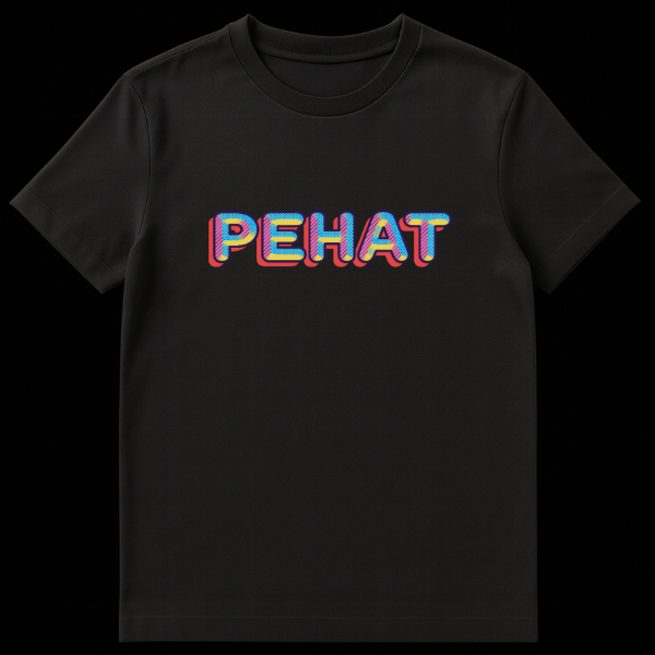 White t-shirt featuring the word PEHAT in bold, multi-colored retro-pop art style with a red 3D drop shadow, on a plain background. on black t-shirt