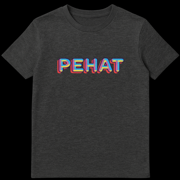 White t-shirt featuring the word PEHAT in bold, multi-colored retro-pop art style with a red 3D drop shadow, on a plain background. on dark heather t-shirt