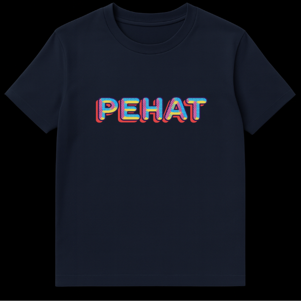 White t-shirt featuring the word PEHAT in bold, multi-colored retro-pop art style with a red 3D drop shadow, on a plain background. on navy blue t-shirt