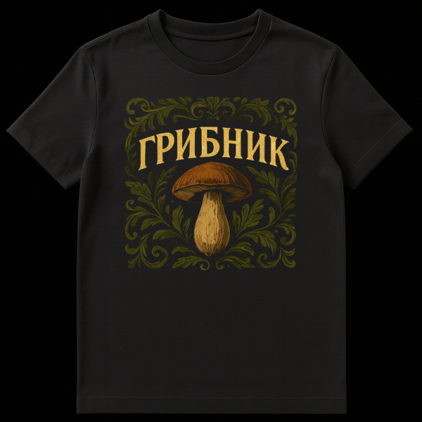 T-shirt mockup featuring a rustic design with a central realistic porcini mushroom, framed by dark green foliage scrollwork, and the golden-yellow Cyrillic word 'ГРИБНИК' (Mushroom Picker) above it. on black t-shirt