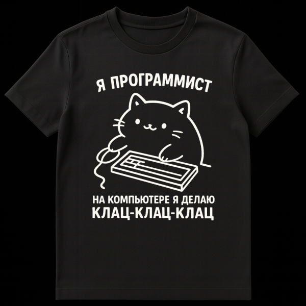 Gray t-shirt featuring a white outline of a chubby cartoon cat typing on a keyboard, with Russian Cyrillic text above and below the cat. on black t-shirt