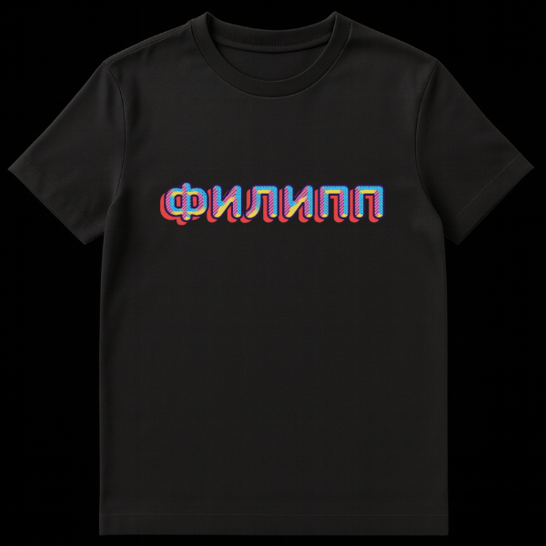 Russian T-shirt with the Cyrillic word 'ФИЛИПП' (FILIPP) in a retro 80s/90s pop art style, featuring dark blue outlines, red drop shadow, and fills of pink dots, blue, and yellow diagonal stripes. on black t-shirt