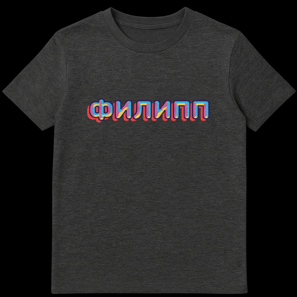 Russian T-shirt with the Cyrillic word 'ФИЛИПП' (FILIPP) in a retro 80s/90s pop art style, featuring dark blue outlines, red drop shadow, and fills of pink dots, blue, and yellow diagonal stripes. on dark heather t-shirt