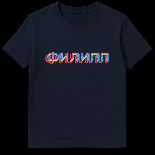 Russian T-shirt with the Cyrillic word 'ФИЛИПП' (FILIPP) in a retro 80s/90s pop art style, featuring dark blue outlines, red drop shadow, and fills of pink dots, blue, and yellow diagonal stripes. on navy blue t-shirt