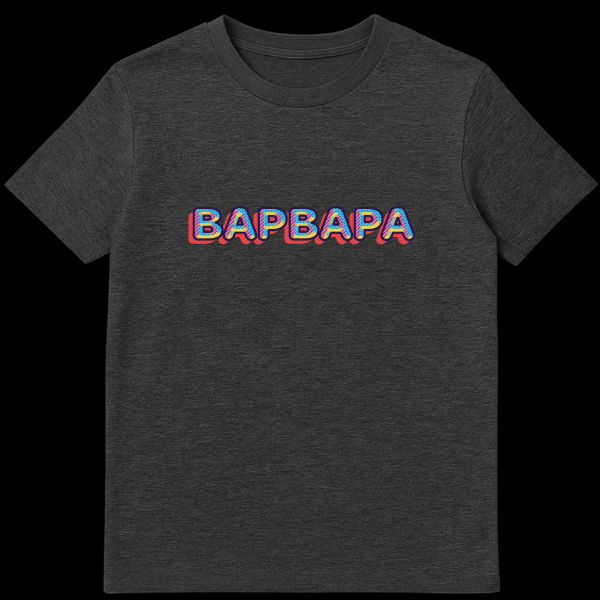 T-shirt featuring the word BAPBAPA in a vibrant, retro-futuristic 80s/90s style with blue, pink, yellow, and red colors, creating a 3D effect. on dark heather t-shirt