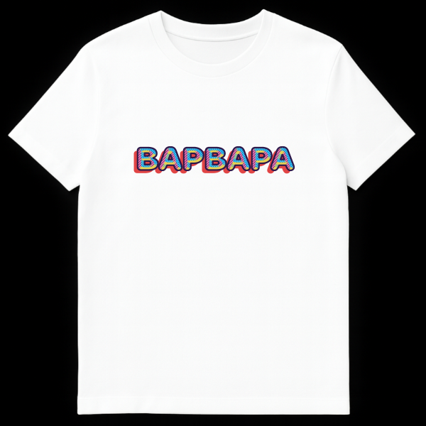 T-shirt featuring the word BAPBAPA in a vibrant, retro-futuristic 80s/90s style with blue, pink, yellow, and red colors, creating a 3D effect. on white t-shirt