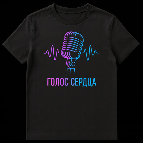 Close-up of a t-shirt featuring a retro microphone with sound waves in a neon pink and blue gradient, with Russian text 'ГОЛОС СЕРДЦА' below. on black t-shirt