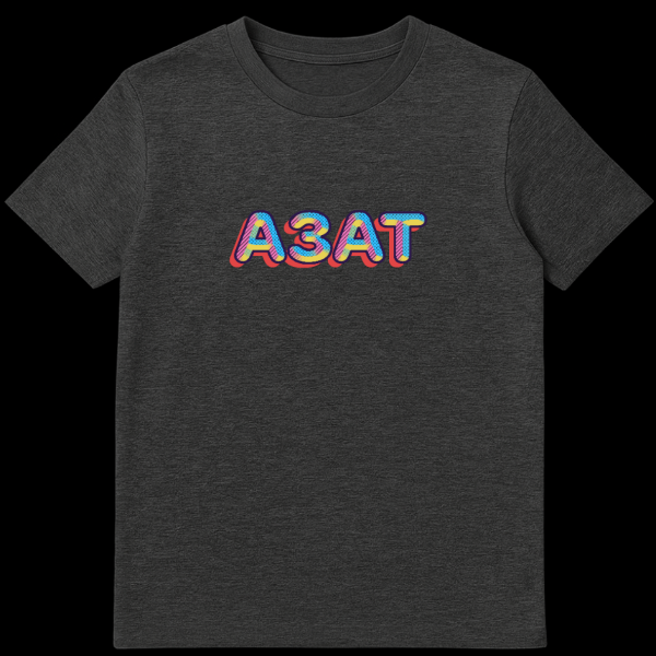 Close-up of a white t-shirt featuring the text 'A3AT' in a retro pop art style with dark blue outlines, red drop shadows, and bright blue, pink, yellow fills with diagonal stripes and halftone dots. on dark heather t-shirt