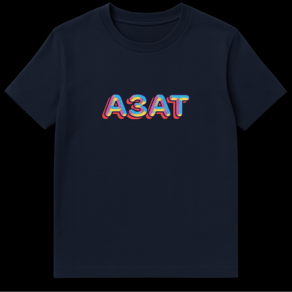 Close-up of a white t-shirt featuring the text 'A3AT' in a retro pop art style with dark blue outlines, red drop shadows, and bright blue, pink, yellow fills with diagonal stripes and halftone dots. on navy blue t-shirt