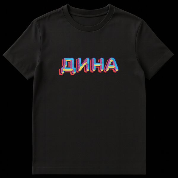Gray t-shirt featuring the Russian name DINA in bold, retro pop art style with a dark blue outline, colorful shapes, and a red 3D drop shadow. on black t-shirt