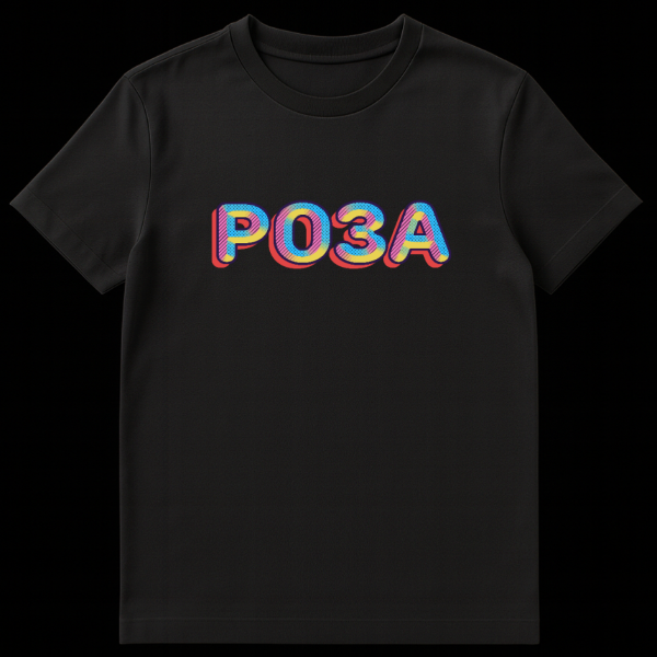 T-shirt with Russian word ROZA (rose) in colorful bubblegum-style letters, gradient fill, dark blue outline, and red drop shadow, on a white background. on black t-shirt