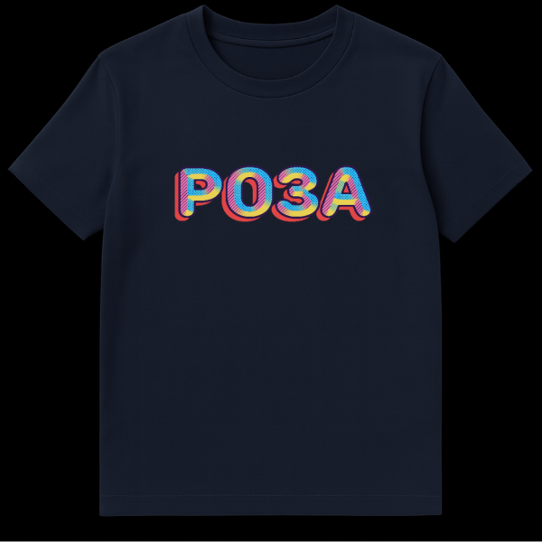 T-shirt with Russian word ROZA (rose) in colorful bubblegum-style letters, gradient fill, dark blue outline, and red drop shadow, on a white background. on navy blue t-shirt