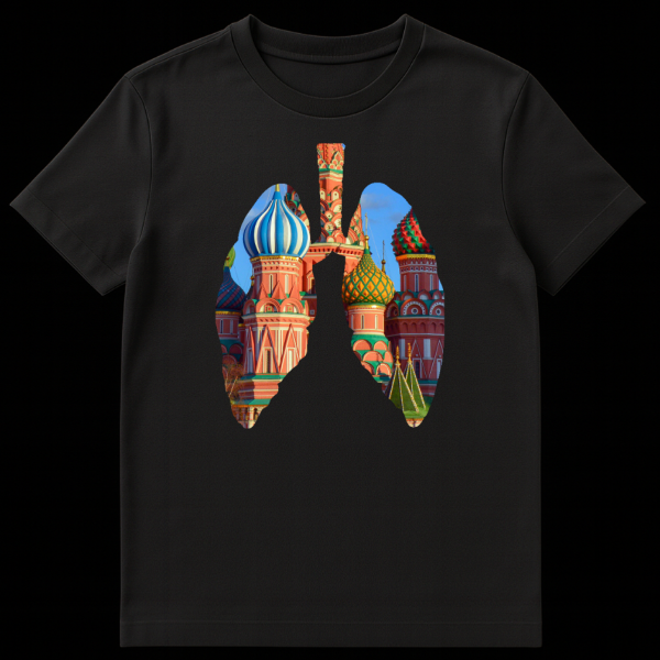A t-shirt with a design showing the outline of human lungs filled with a vibrant photo of St. Basil's Cathedral's colorful, onion-domed architecture. on black t-shirt