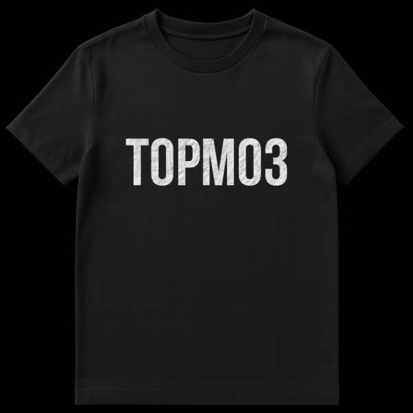 Close-up of a grey t-shirt featuring the bold, white, distressed text "TOPM03" with a crumpled paper texture, showcasing its minimalist and industrial style. on black t-shirt