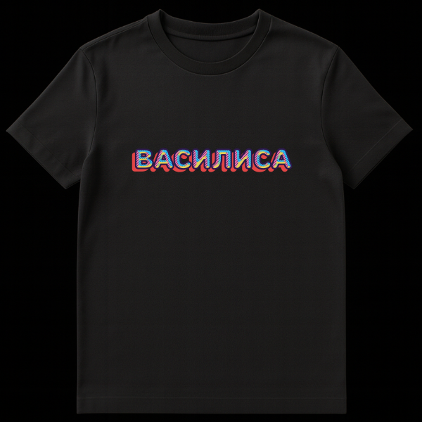 Close-up of a t-shirt featuring the Russian word 'Vasilisa' in a retro 80s/90s style with colorful patterns, dark blue outline, and red drop shadow. on black t-shirt