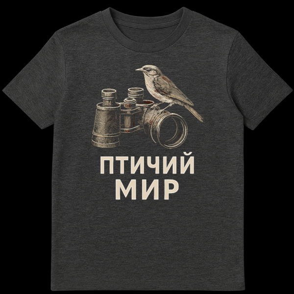 Stylized, textured bird perched on binoculars with 'ПТИЧИЙ МИР' (Bird World) in Russian text, rendered in earthy tones with metallic sheen, on a t-shirt. on dark heather t-shirt
