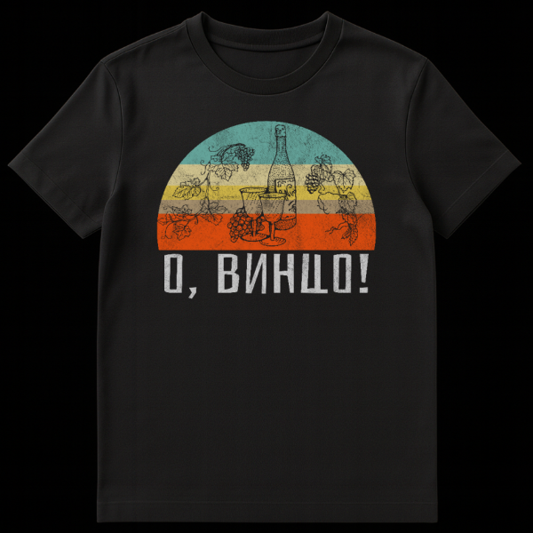 Vintage distressed semi-circular graphic t-shirt featuring a wine bottle, two wine glasses, and grapevines silhouetted against teal, beige, yellow, brown, and orange stripes, with the Russian text "О, ВИНЦО!" below. on black t-shirt