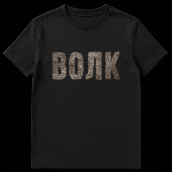 Close-up of a grey t-shirt featuring the Cyrillic word 'ВОЛК' (VOLK) in textured, fur-like brown and grey letters, representing 'WOLF'. on black t-shirt