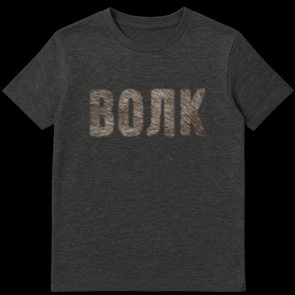 Close-up of a grey t-shirt featuring the Cyrillic word 'ВОЛК' (VOLK) in textured, fur-like brown and grey letters, representing 'WOLF'. on dark heather t-shirt