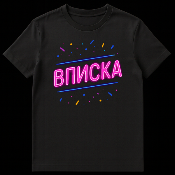 Front view of a black t-shirt featuring the Russian word 'VPISKA' in neon pink glow with purple fill, outlined in white, flanked by blue speed lines and colorful confetti. on black t-shirt
