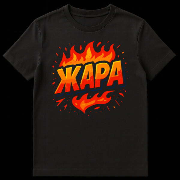 Mockup of a t-shirt featuring the Russian word ZHARA (HEAT) in bold, fire-gradient letters with flames, dark blue outline, and embers, set against a dark background. on black t-shirt