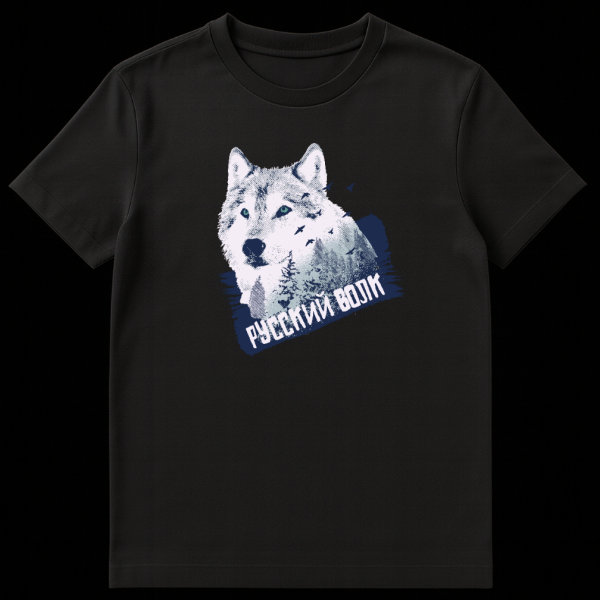 Close-up of a t-shirt featuring a stylized, distressed wolf head design with forest elements and birds. The wolf's eyes are teal. Text 'РУССКИЙ ВОЛК' (RUSSIAN WOLF) is angled at the bottom right. The t-shirt is white. on black t-shirt
