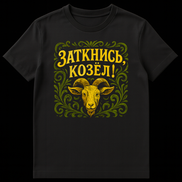 Grey t-shirt with a stylized yellow goat head, distressed yellow Russian text 'Shut up, goat!', and dark green ornate floral scrollwork in a folk art style. on black t-shirt
