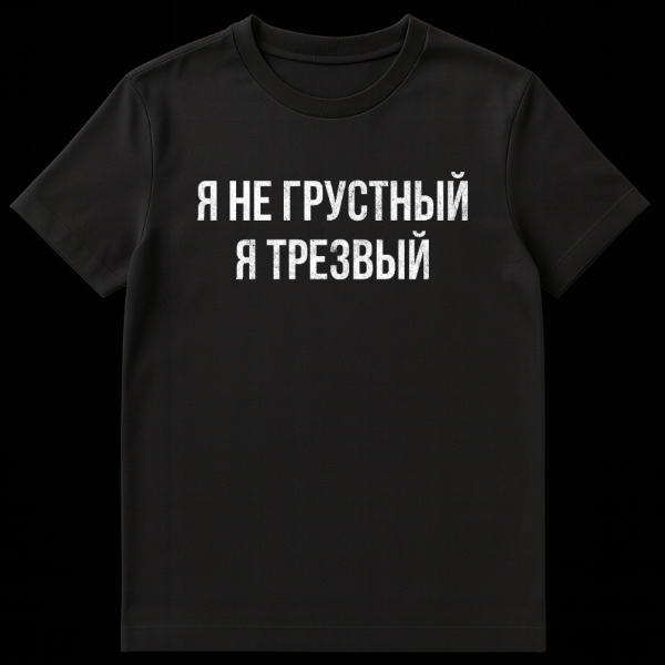 Close-up of a gray t-shirt featuring bold, distressed white Russian text that reads 'Я НЕ ГРУСТНЫЙ Я ТРЕЗВЫЙ' (I'm not sad, I'm sober). The fabric shows subtle texture. on black t-shirt