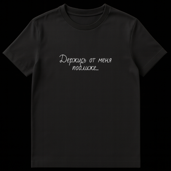 Gray t-shirt with white handwritten Russian text that translates to 'Stay closer to me...' displayed on a plain background. on black t-shirt