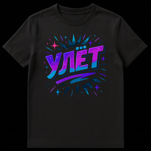 T-shirt featuring bold graffiti-style Russian text 'Ulyet' in purple and blue gradients, surrounded by neon pink, turquoise, and dark blue abstract bursts, stars, and dots. on black t-shirt