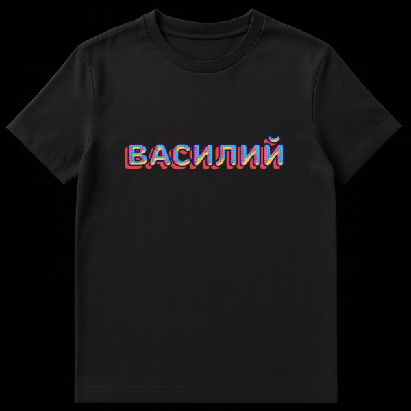 Close-up of a white t-shirt featuring the Russian word 'ВАСИЛИЙ' (VASILIY) in a retro 80s style. Letters have thick dark blue outlines, inner diagonal stripes in pink, yellow, and light blue, and a red drop shadow. on black t-shirt