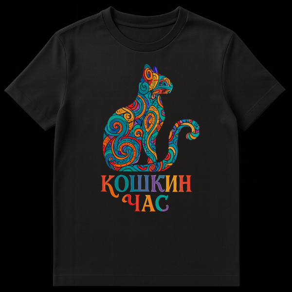 T-shirt featuring a vibrant, stylized cat silhouette filled with colorful paisley patterns. Below the cat, the Russian text 'Koshkin Chas' is written in a playful, multi-colored font. on black t-shirt